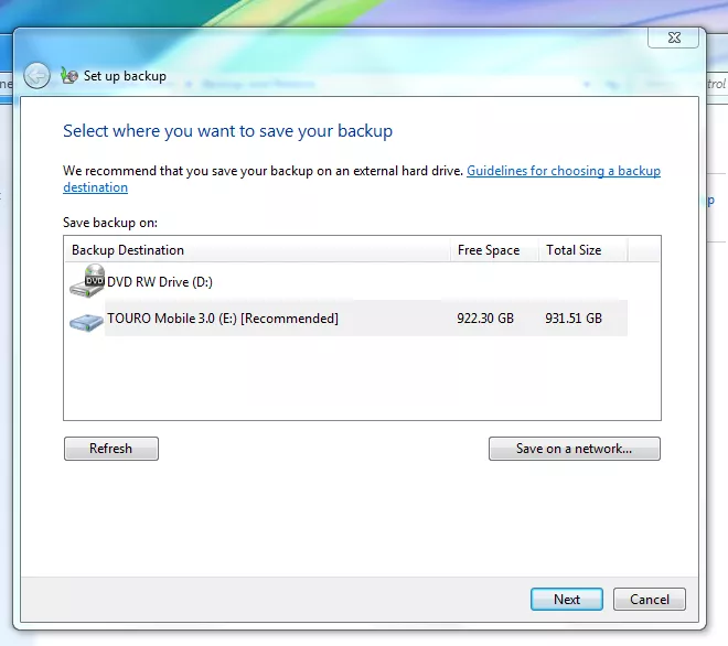 Choose the backup location
