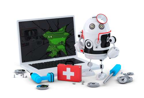 Medic Robot. Laptop repair concept.