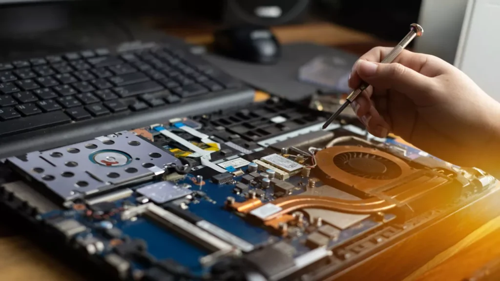 A person using a screwdriver and working on repairing a laptop interior