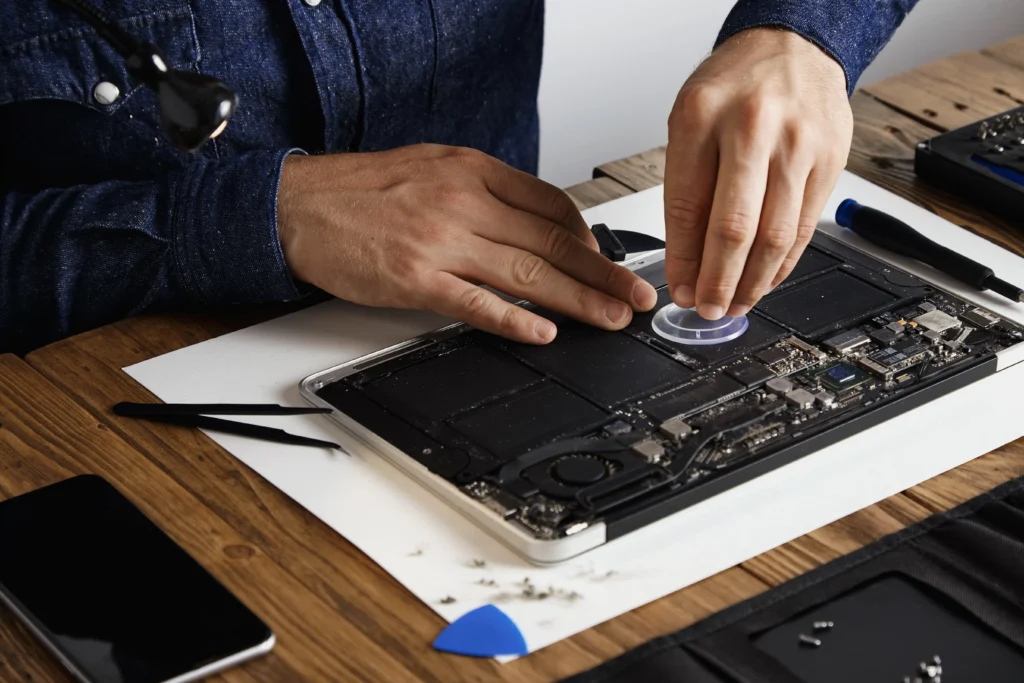Technician working on the internal components of an open laptop during professional laptop repair and maintenance.