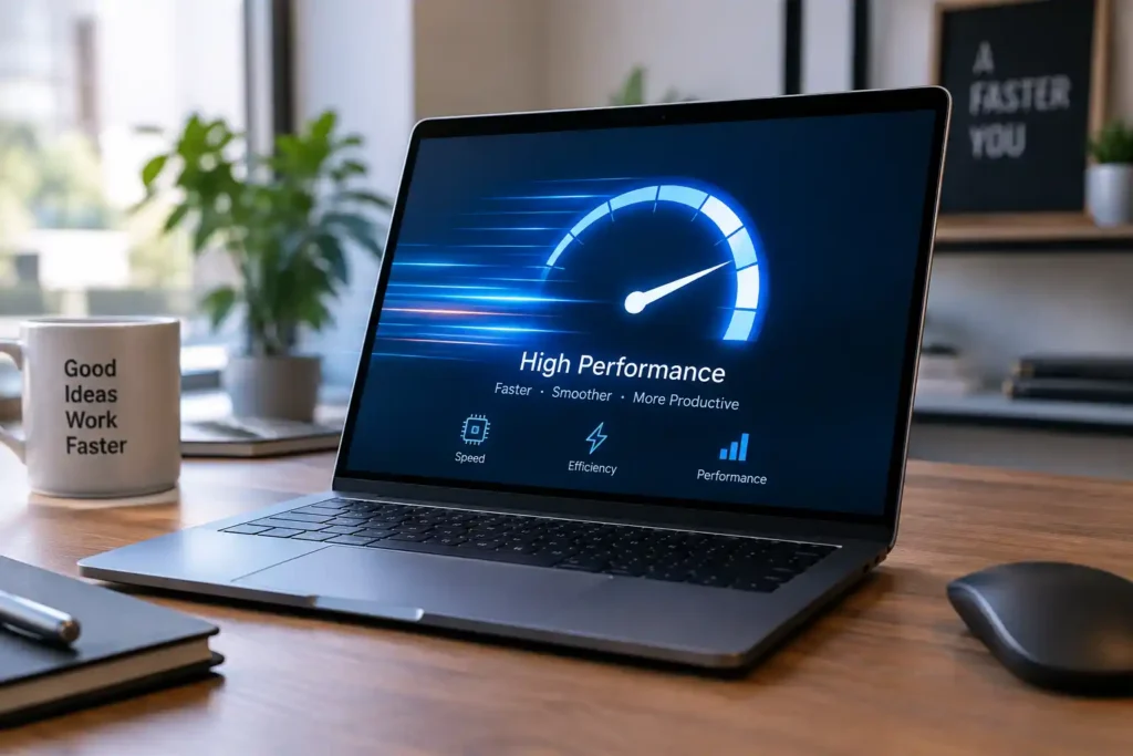 Laptop displaying a high-performance dashboard, representing the relevance of ReadyBoost for improving system performance on older computers.