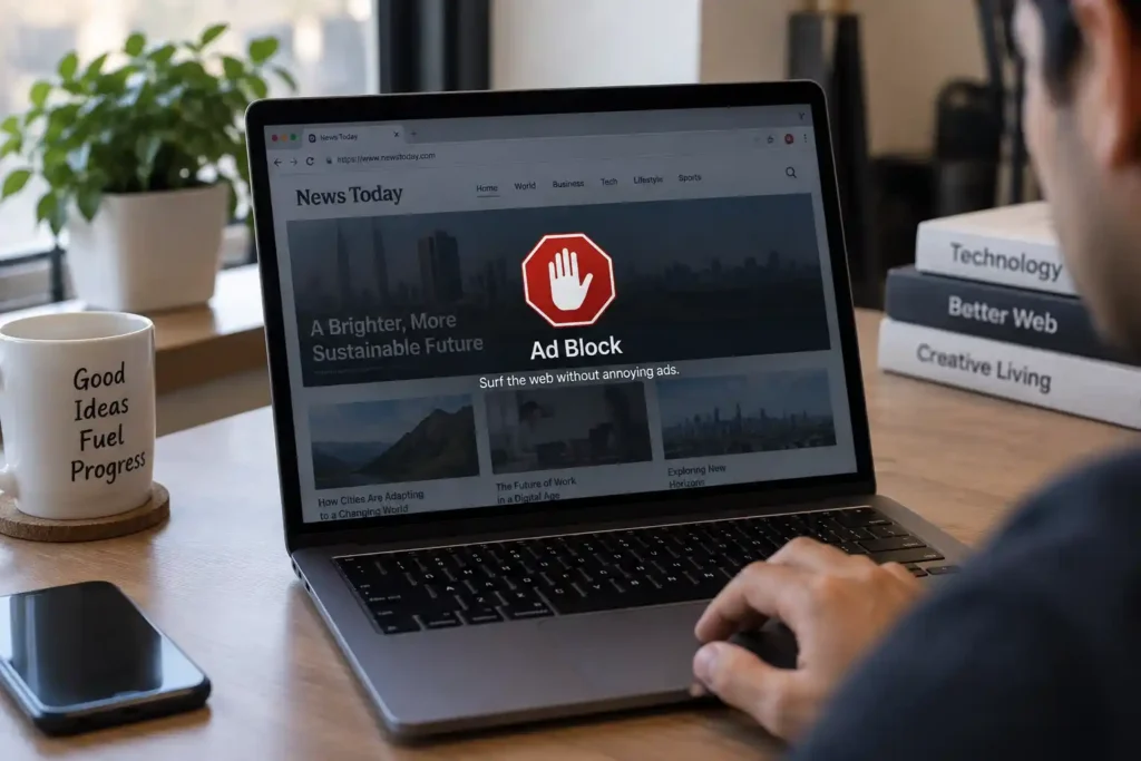 Person browsing a news website on a laptop with an ad blocker displayed on the screen, showing a blocked advertisement while other website content remains visible.