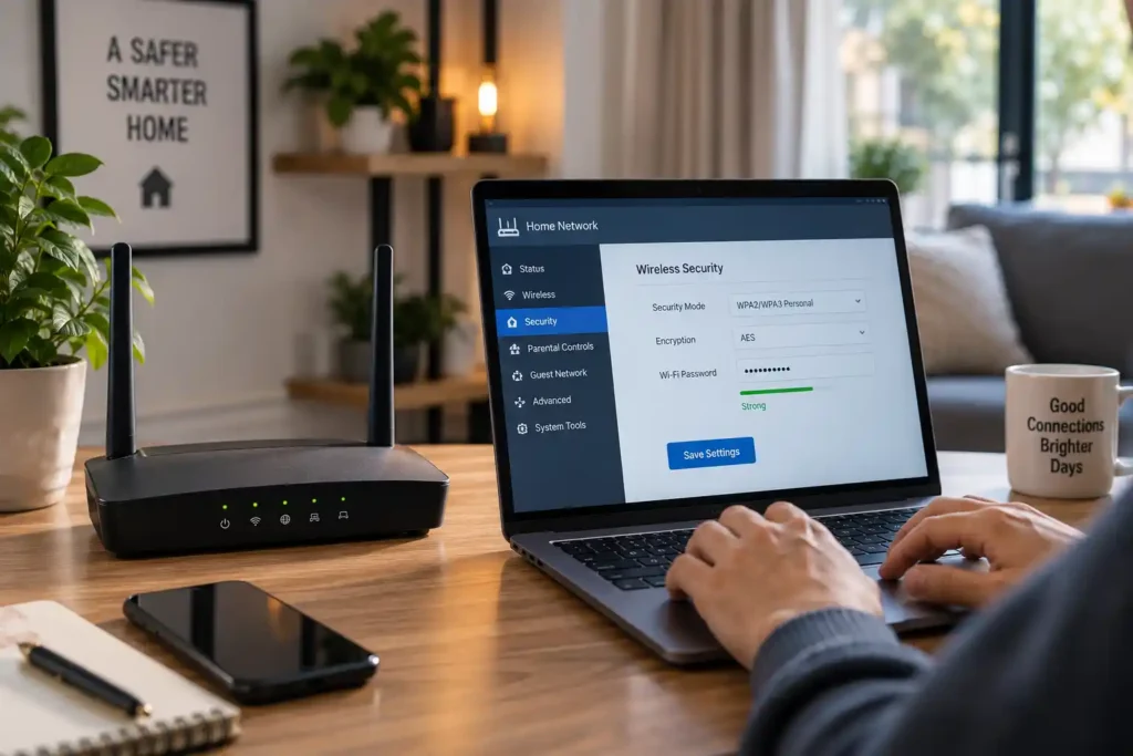 Router security settings displayed on a laptop for securing a home network
