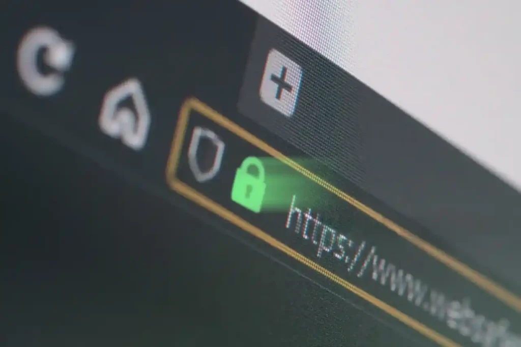 Close-up of a web browser address bar showing a green padlock and “https” connection, indicating that the website is using a secure HTTPS connection.