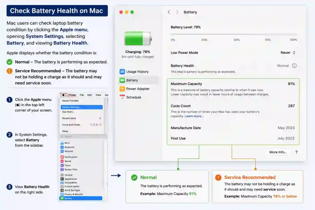 Infographic guide on checking Mac battery health, cycle count, and maximum capacity in System Settings.