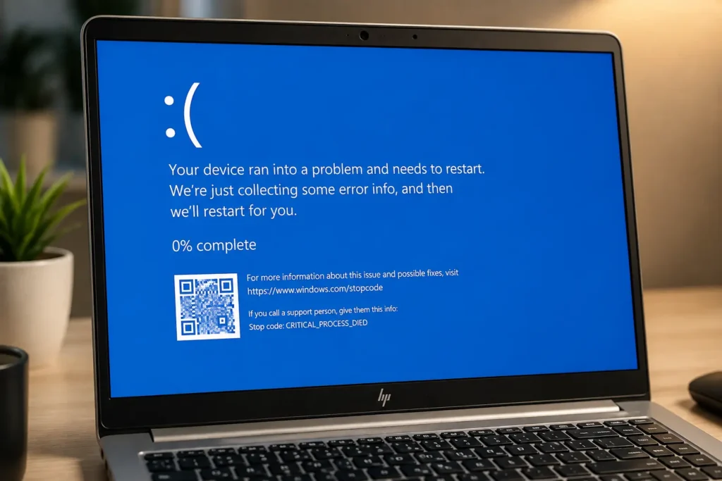 HP laptop screen showing a Windows Blue Screen of Death (BSOD) with Critical Process Died error code