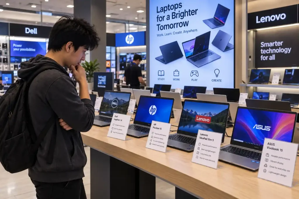 A shopper comparing different laptops displayed on a retail store table, with Dell, HP, Lenovo, and ASUS models available for selection.