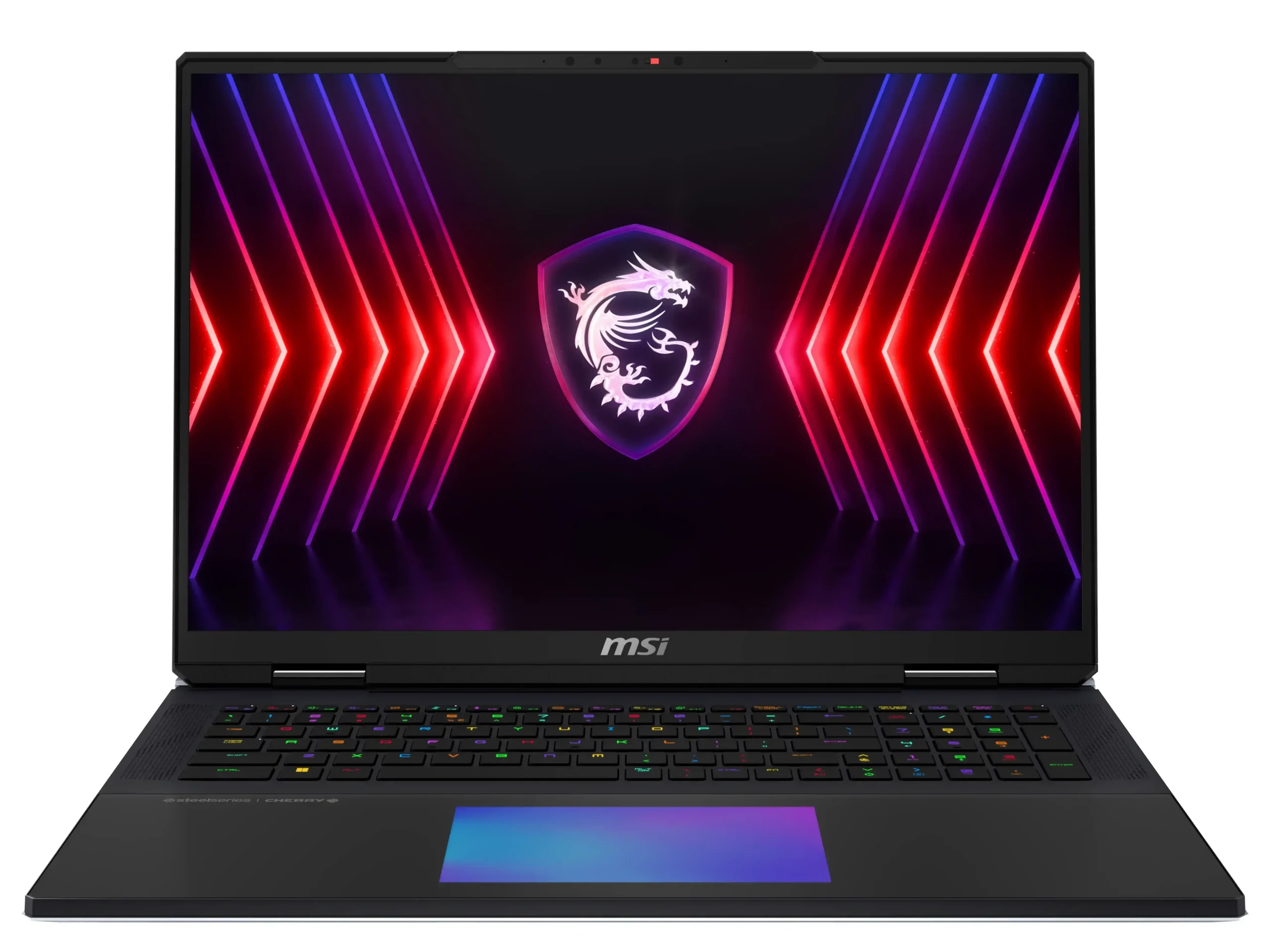 MSI Titan 18 HX gaming laptop with a large display, RGB backlit keyboard, and MSI Dragon logo on the screen