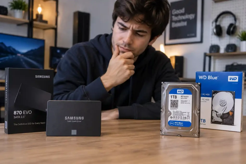 A person sits at a desk comparing two storage drive options, with a Samsung solid-state drive and its packaging on the left and a Western Digital Blue 1TB hard disk drive with its packaging on the right.