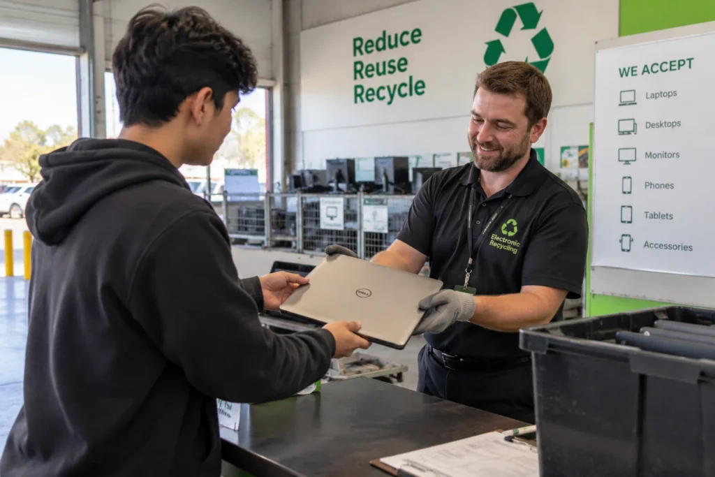 A person hands a Dell laptop to an electronics recycling centre employee wearing gloves. The facility displays “Reduce Reuse Recycle” signage and a list of accepted electronic devices, including laptops, desktops, monitors, phones, tablets and accessories.