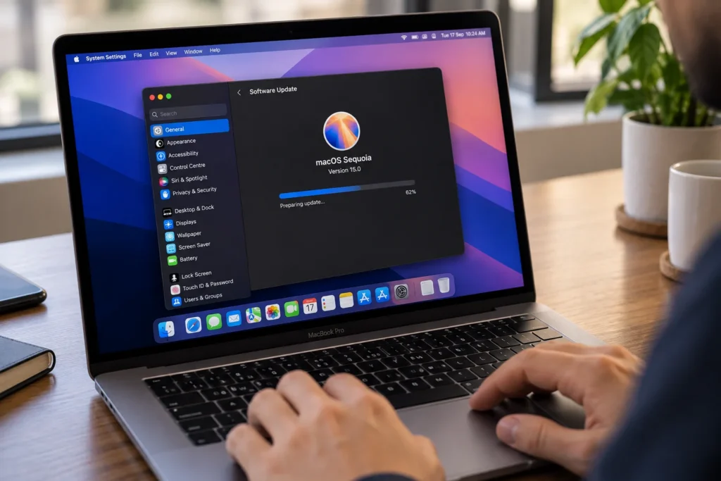 Close-up of a MacBook Pro on a desk showing the macOS System Settings Software Update screen, with macOS Sequoia Version 15.0 preparing an update at 62% while a person uses the laptop.