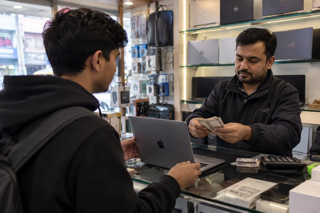A customer hands over a MacBook laptop to a computer shop employee across a glass counter while the employee counts cash as payment. Shelves displaying various laptops and computer accessories are visible in the background, illustrating the process of selling a used laptop to a computer shop.