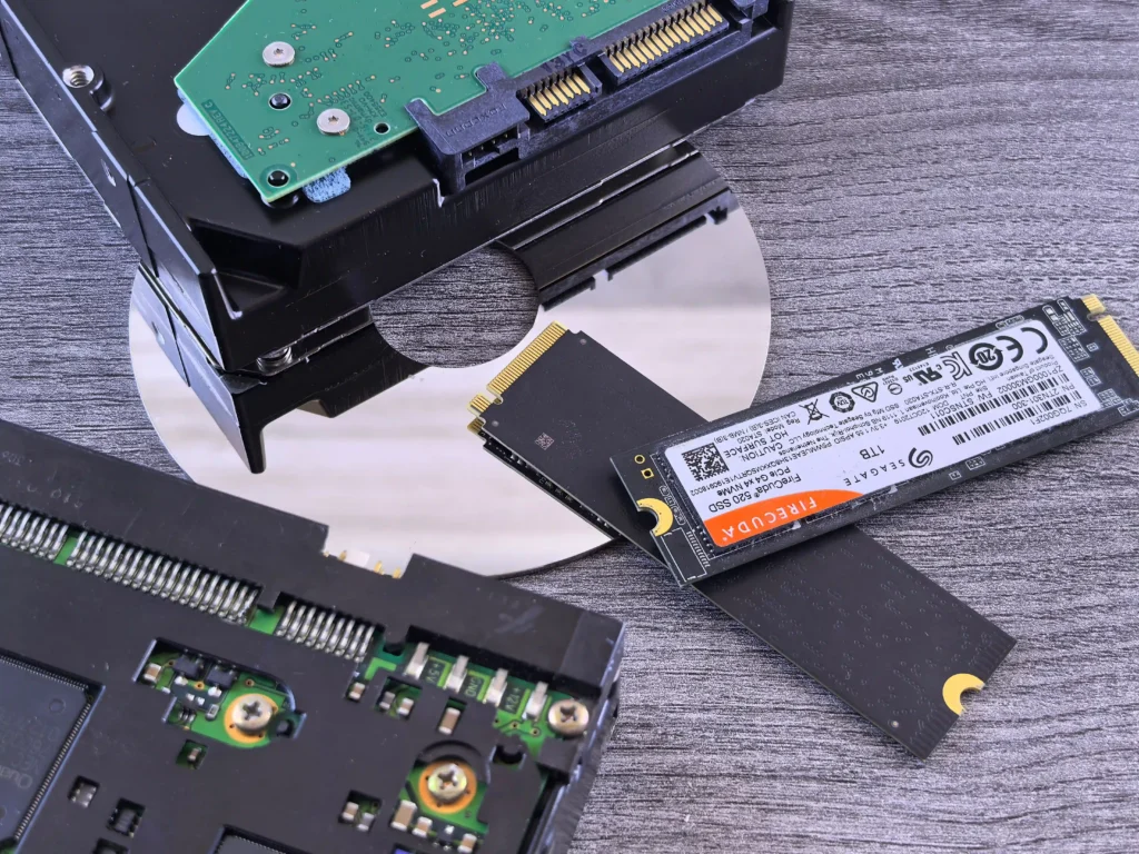 SSD and HDD storage drives shown together, illustrating the key differences between solid-state drives and traditional hard disk drives, including their different physical designs and storage technologies.
