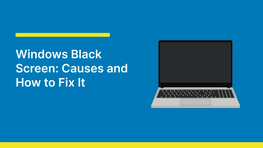 Windows black screen troubleshooting guide thumbnail showing a laptop with a blank display.