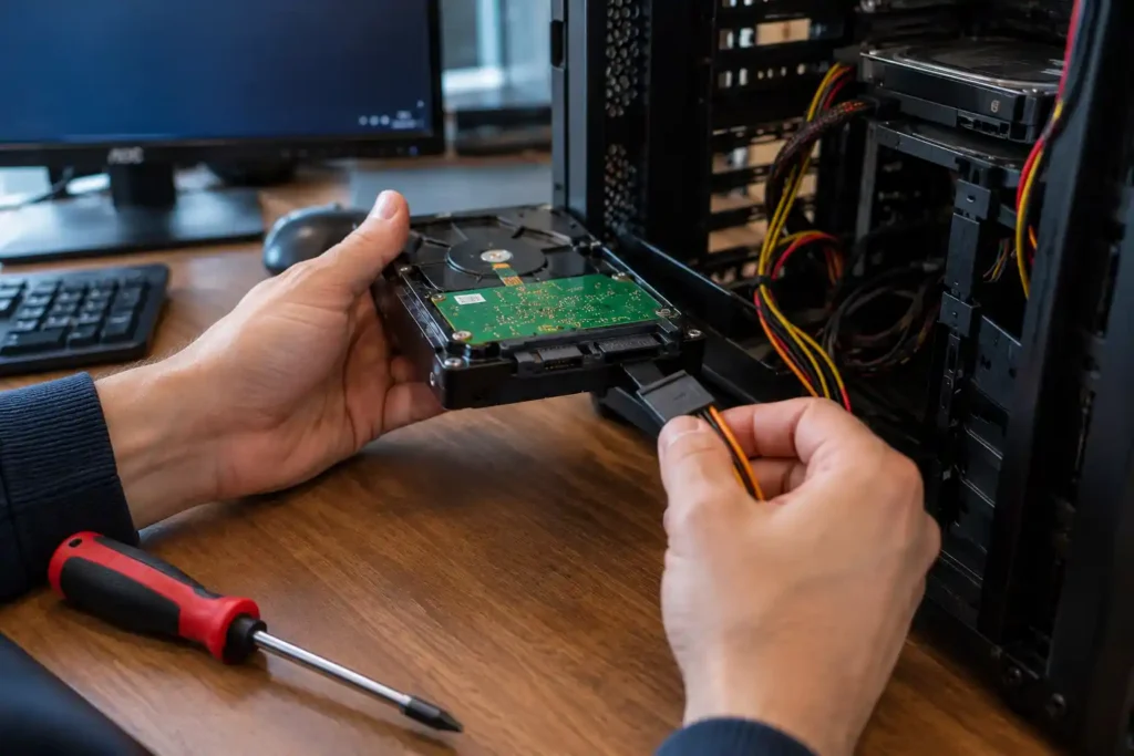 A person connecting a hard disk drive to the internal cables of a desktop computer with its case open. The hard drive's circuit board, power and data connectors, internal drive bays, and a screwdriver are visible on the workstation.