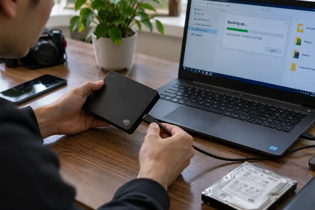 A person connecting an external portable hard drive to a laptop while a backup progress window shows files being copied. A camera, smartphone, potted plant and internal hard drive are visible on the wooden desk, illustrating the process of backing up important files to an external storage device.