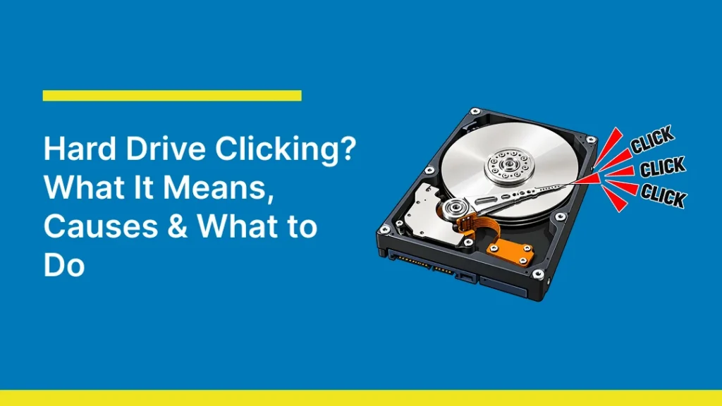 Blog thumbnail titled “Hard Drive Clicking? What It Means, Causes & What to Do,” featuring an illustration of an opened hard disk drive with red sound rays and repeated “CLICK” labels to represent the clicking noise associated with hard drive problems. The image represents hard drive clicking sounds, possible drive failure, and data recovery concerns.