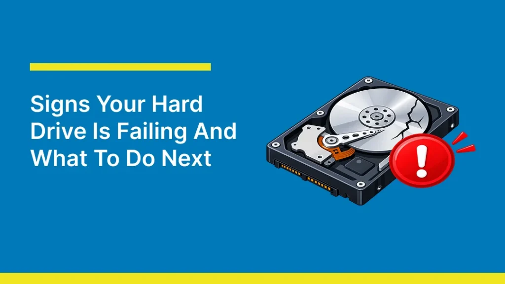 A damaged hard drive with a visible crack on its disk platter and a red warning symbol, illustrating common signs of hard drive failure and the need for data protection.