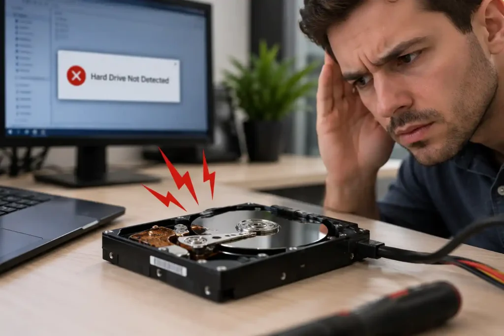 A concerned man examining an exposed hard drive on a desk while a computer monitor displays a “Hard Drive Not Detected” error message. Red lightning symbols above the drive highlight a potential hardware problem. The image represents hard drive detection issues, drive failure symptoms and computer storage troubleshooting.