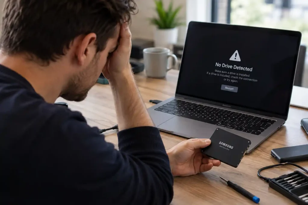 A frustrated person holds a Samsung solid-state drive (SSD) beside a laptop displaying a “No Drive Detected” error message. The laptop screen advises checking whether a drive is installed and verifying its connection. A screwdriver, repair tool kit and other computer accessories are visible on the wooden desk, illustrating SSD detection problems and storage troubleshooting.